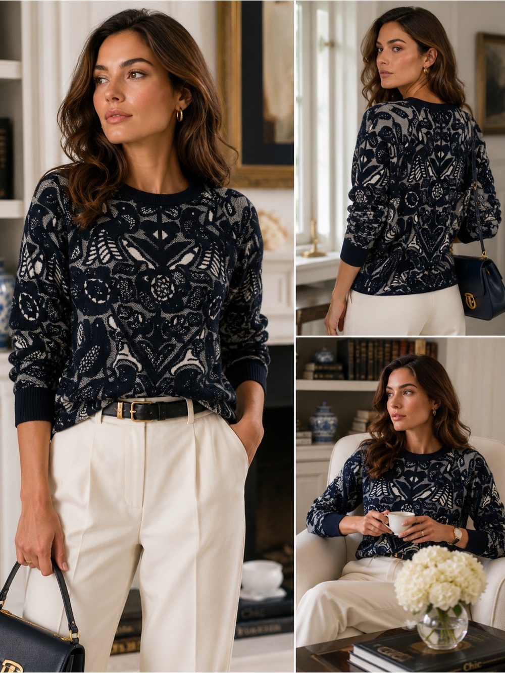 Chloé Italy Navy & Ivory Floral Knit Sweater Small Luxury Designer